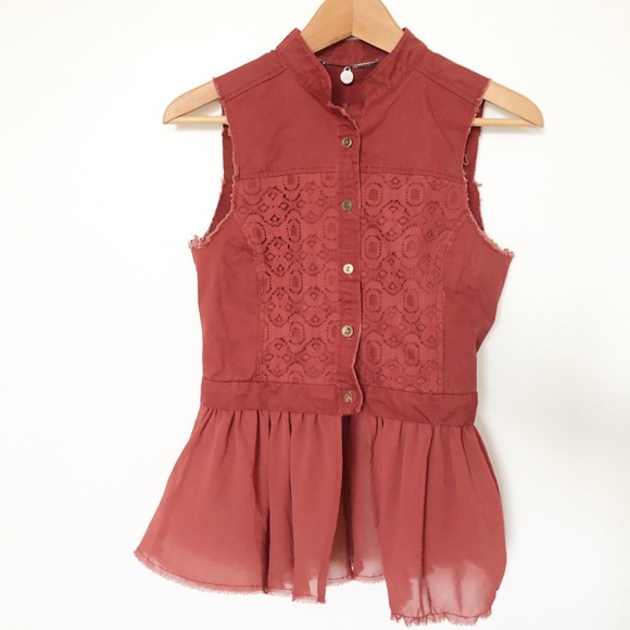 BKE Jackets & Blazers - BKE Boutique Rust Red Lace Chiffon Button Up Vest